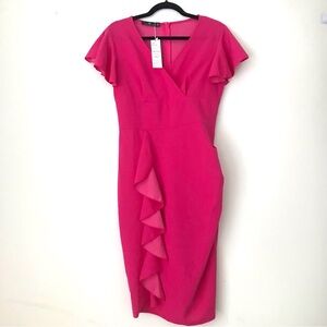 Chiccloth V-Neck Wrap Barbie Pink Ruffle Sleeve Elegant Midi Dress Size …